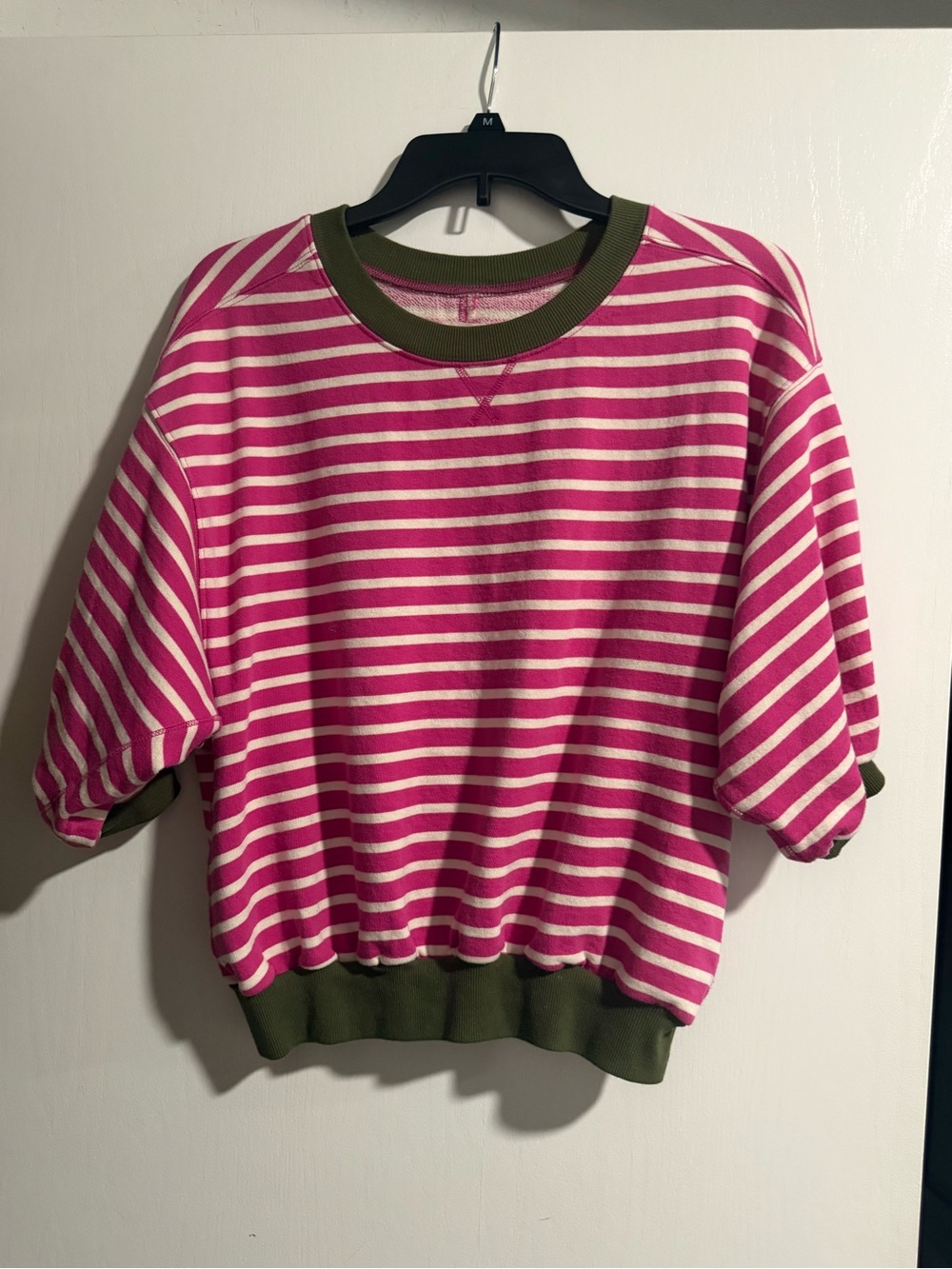 Pilcro Pink & White Striped Short Sleeve Sweatshirt with Olive Trim